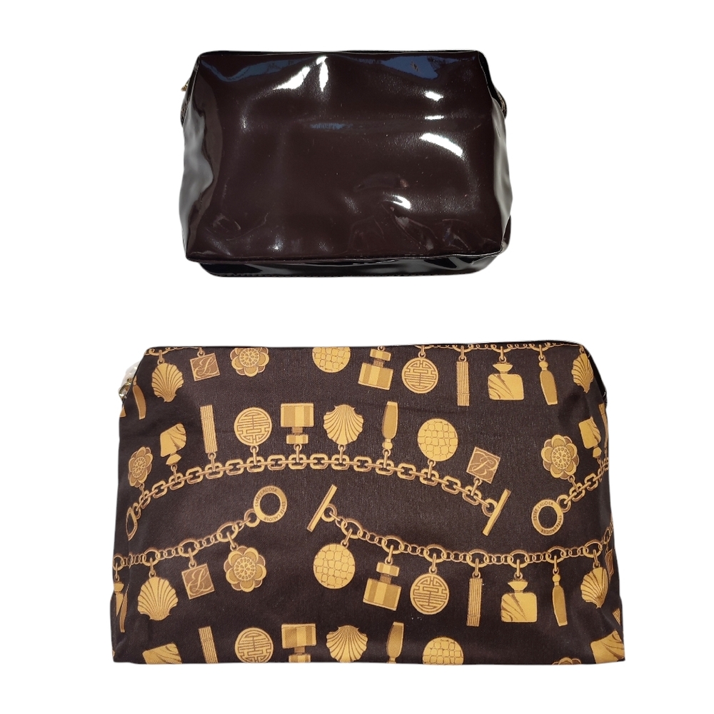 2 For 15$ Estee Lauder Brown and Gold Chain Patterned Cosmetic Bag Pouch Set New